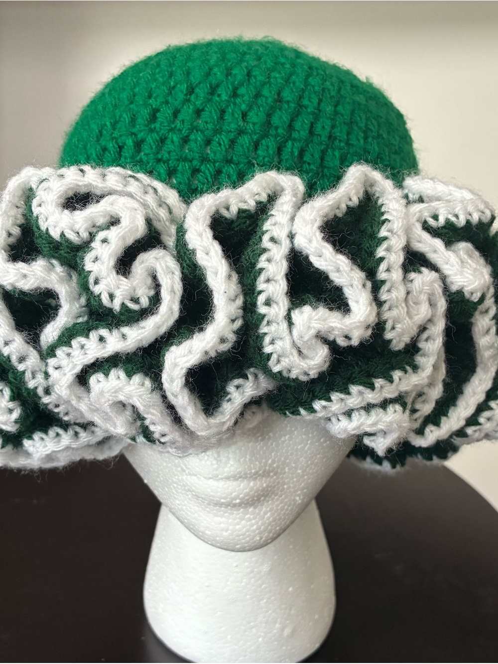 Green Crochet Ruffle Beanie with White Trim